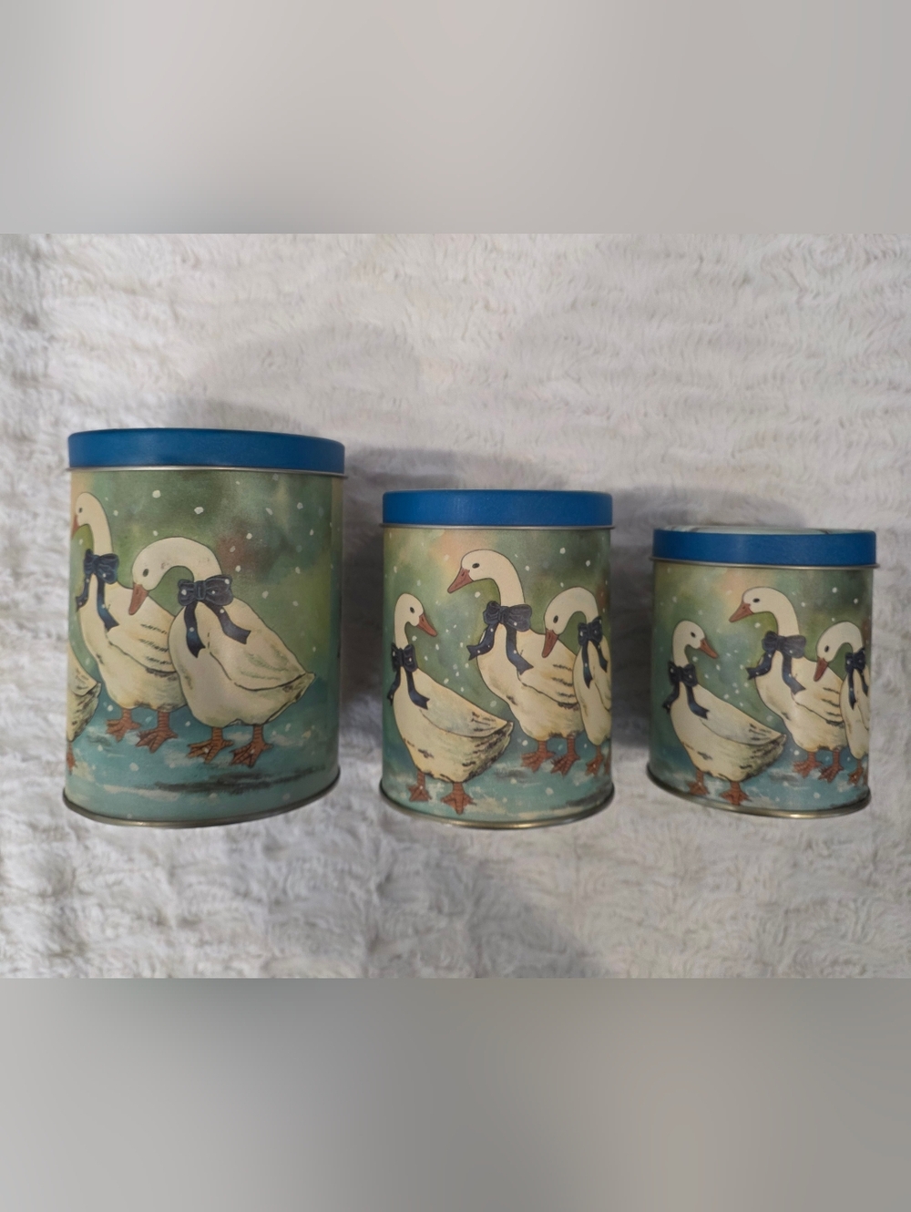 3pcVintage Tin Canister Geese Blue Ribbon Country Nesting Interpur Made In Japan